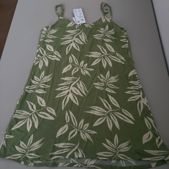 Roxy‎ Dress Green White Leaf Print Spaghetti Strap Midi ALine Casual Womens M - Picture 2 of 8